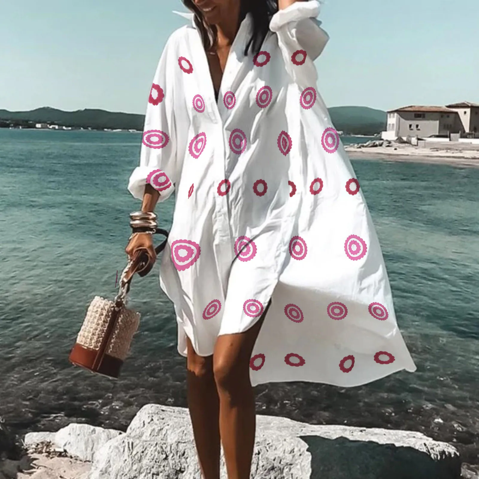 Swimsuit Cover Up swimsuit coverup Beach Dress Bikini Cover-Up Women Bohemian Printed Beachwear Robe V-Neck Long Sleeve Swim Wear Cover Ups Loose Sundress