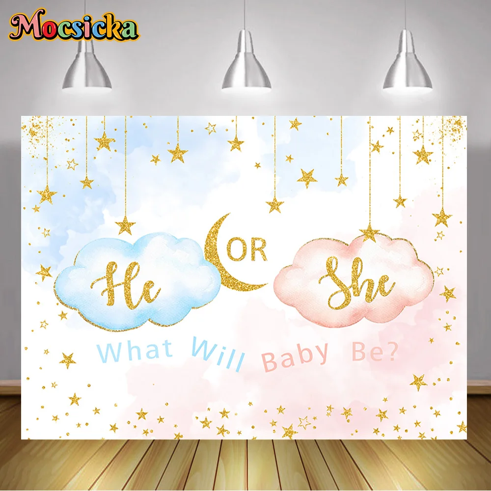 Gender Reveal Party Photography Fondale Golden Twinkle Star Background Baby Shower Little Prince O Little Princess Party Decor