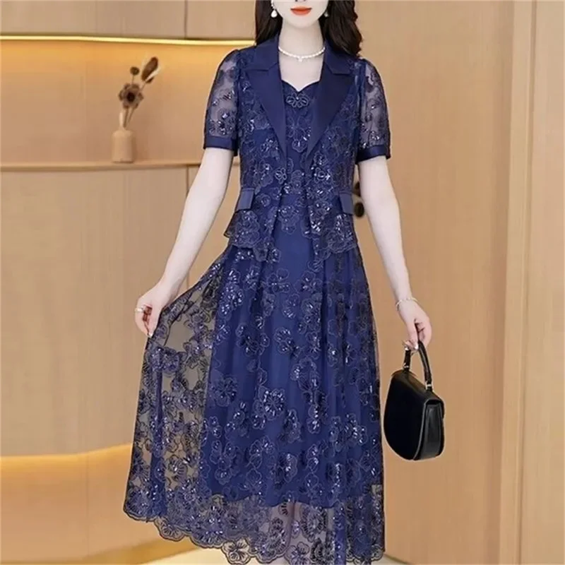 Lace Dress Women's High end Luxury Lady Two Piece Sets Silk Dress Suit Jacket And Dress 2023 Summer Waist Slim Long A-line Dress