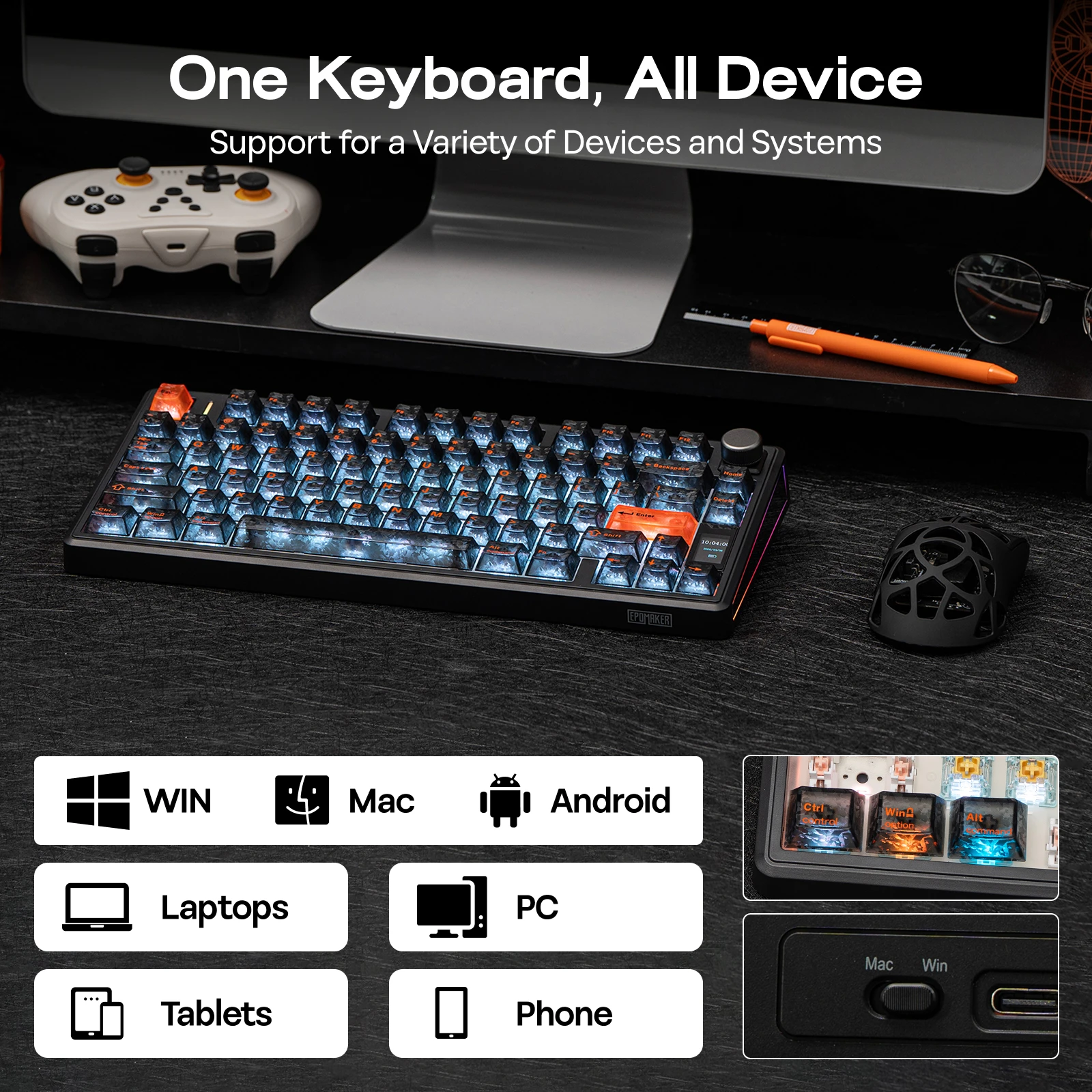 EPOMAKER TH80 V2 PRO 75% ANSI US 레이아웃 유선/블루투스/2.4Ghz 무선 기계식 게이밍 키보드 (스크린/노브 및 10000mAh 포함)