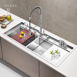 ASRAS New Kitchen Double Sink Handmade Brushed 4mm Thickness Large Size 4 Holes Double Kitchen Sink With Drain Plate Sinks