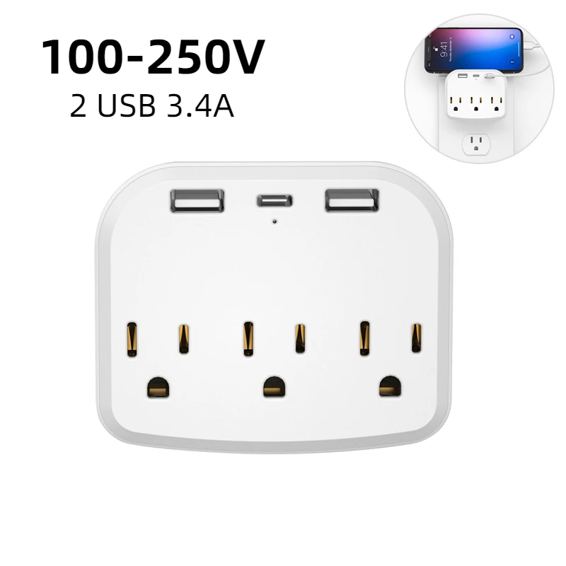 

100-250V Multi US Plug Outlet Extender with 2 USB 3.4A Wall Charger 3 Electrical Outlet Splitter Compatible for Home Office