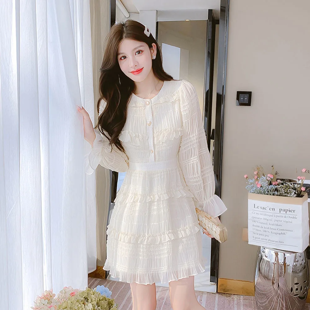 

French Style Fashion Ruffed Chiffon Dress For Women's Spring Autumn 2023 New Gentle Fairy Long Dresses Ladies Flare Sleeve Robe