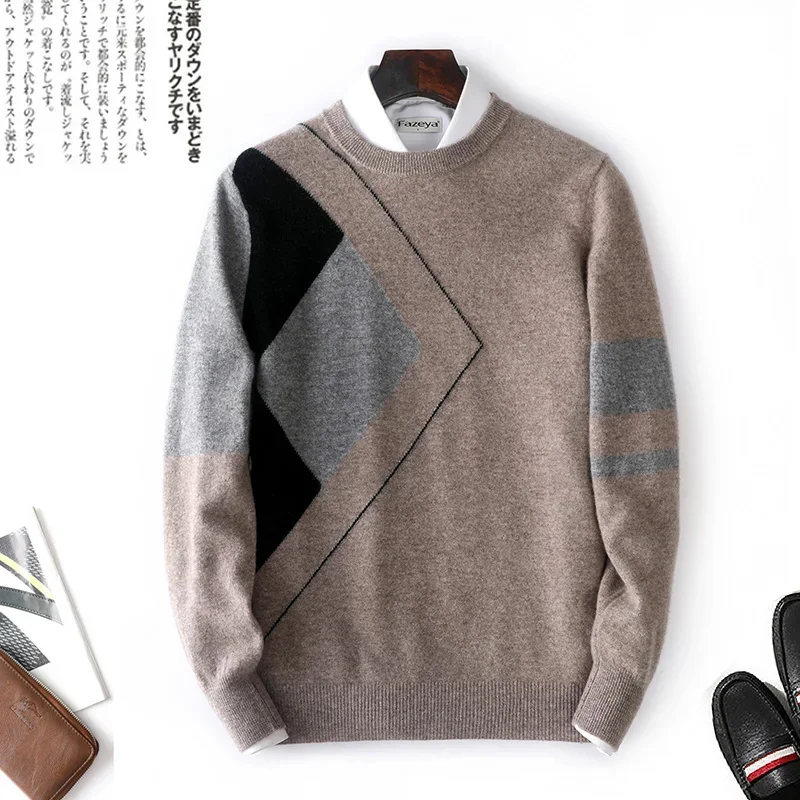 

100% Merino Cashmere Sweater Men's Round Neck Pullover Casual Patchwork Fashion Pullover Autumn / Winter New Knitted Large Size