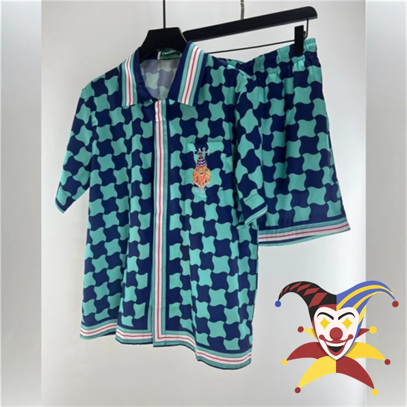 

Real Silk Casablanca Shirts High Quality Blue Plaid Short Sleeved Loose Hawaiian Shirt for Men Women