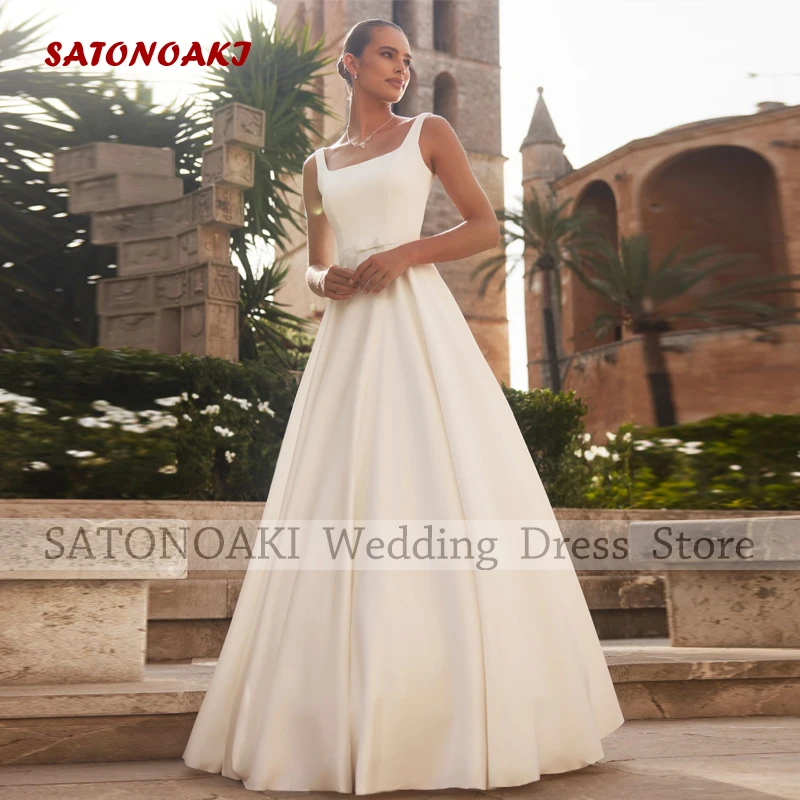Customized Elegant Square Collar Ivory Satin Wedding Dress for Bride Sleeveless Bride Gown with Pockets Bow Vestidos De Novia