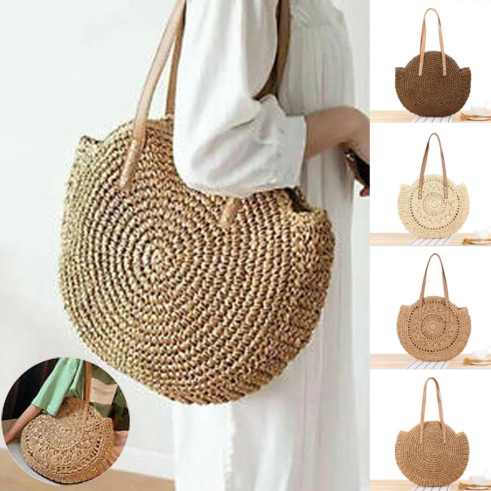 

Simple Summer Holiday Straw Woven Round Shoulder Shopping Bags Casual Ladies Beach Vacation Large Capacity Tote Handbags Women