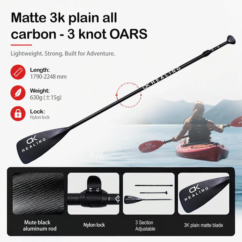 Pagaia per Kayak in 3 Sezioni Staccabili, in Fibra di Carbonio 3K, Ultra Leggera, Regolabile, Telescopica, Portatile, per Canoa, Surf e Canottaggio - immagine 3