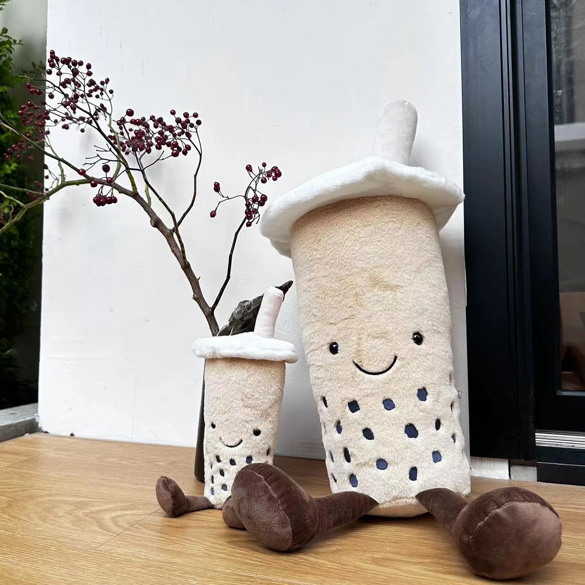 2 Sizes Lonely Brown Bubble Tea Plush Pillow Pearls Boa Smiling Face with Two Legs Sleeping Hug Companion Present 2