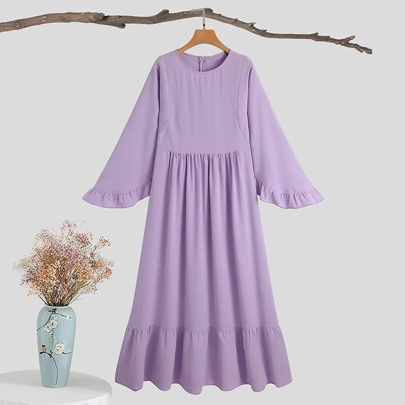 Muslim Middle East Women Dresses Turkey Dubai Loose Casual Female Robe Islam Eid Mubarak Solid Color Large Hem Ladies Robe