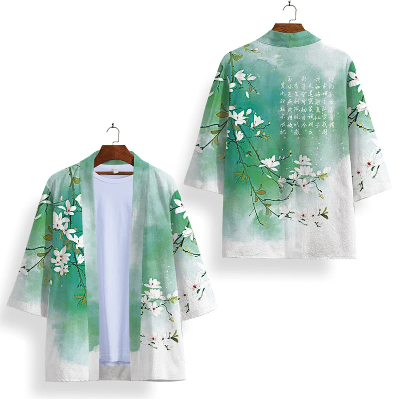 Cosplay Green Floral Print Cardigan Women Men Yukata Clothing Harajuku Chinese Style Kimono And Shorts Set