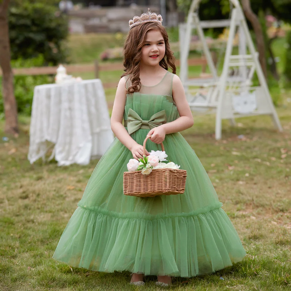 

Summer Kids Sage Green Floor-length Princess Dress Red Tulle Birthday Party Ball Gown Carnival Pageant Costume for 1-12-Yr Girls