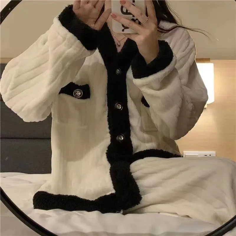 Coral Velvet Pajamas For Women in 2023 Winter Loose ins Sweet and Cute plush Thickened Flannel Winter Home Wear set Solid Color