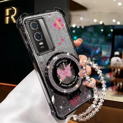 Glitter Butterfly Phone Holder Case with Strap - Vivo Y28 4G (Black)