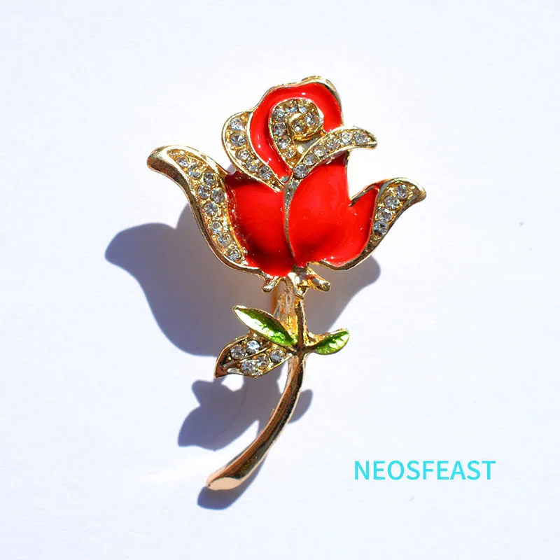 Classic Jewelry Red Painted Rose Brooches for Women Gold Color Rhinestone Flower Brooch Vintage Painted Pin Corsage Ladies Gifts