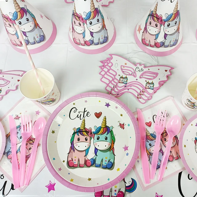 Stoviglie usa e getta unicorno forniture per feste unicorno piatti di carta  tovaglioli Happy Unicorn Birthday Party Decor Rainbow Horse Girl -  AliExpress