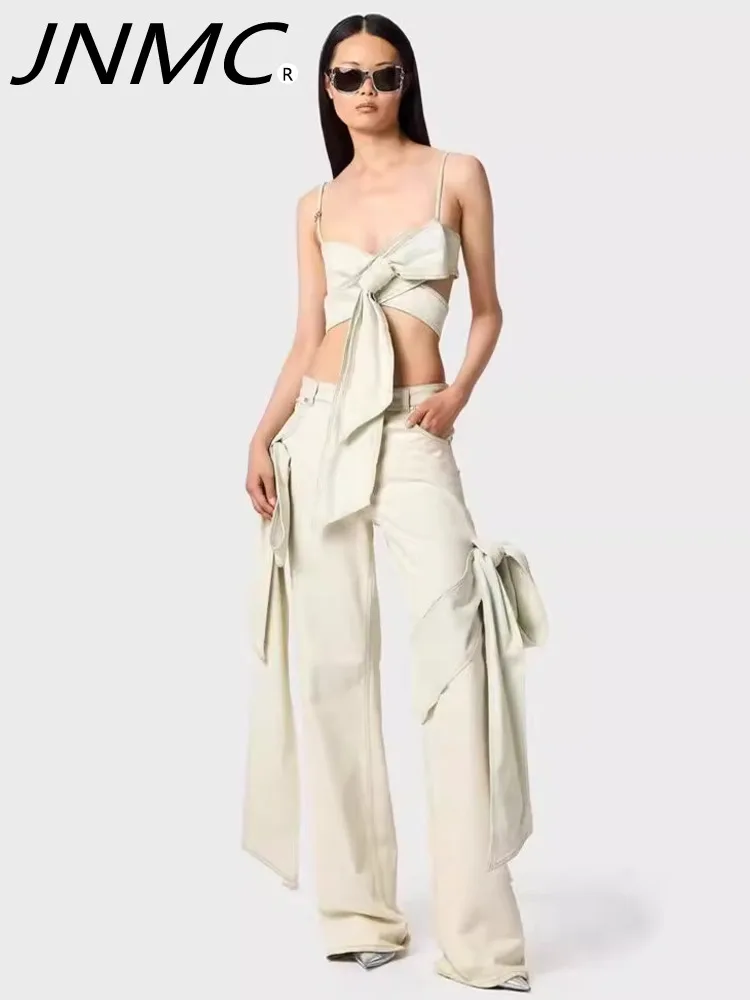

JNMC Women's Suit Design Bow Lace-up Denim Ultra Short Strapless Cutout Halter And Wide-leg Jeans Set 2024 Spring/Summer