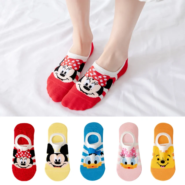 5 pairs Hot sale Cartoon Kawaii woman sock Mickey Minnie Donald winnie Daisy cotton girl slipper sock Funny invisible ankle sock Beige