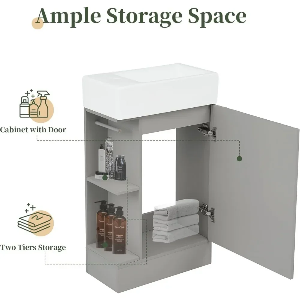 Small Bathroom Vanity with Sink, Freestanding Bathroom Vanity with Toilet Paper Holder & 1 Door, Wood Bathroom Cabinet 3