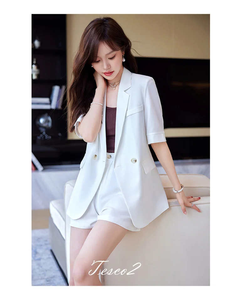 Tesco Women's Suits Short Sleeve Blazer Short Pants Sets for Women 2 Piece Casual Loose Pants Sets Female Clothing 2024 Summer