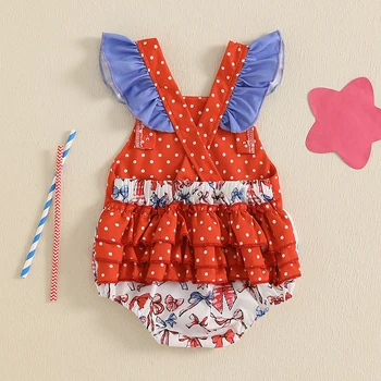 Toddler Girls Sleeveless Rompers American Flag Print Bowknot Jumpsuits Summer Independence Day Outfits Bow Bodysuits 2