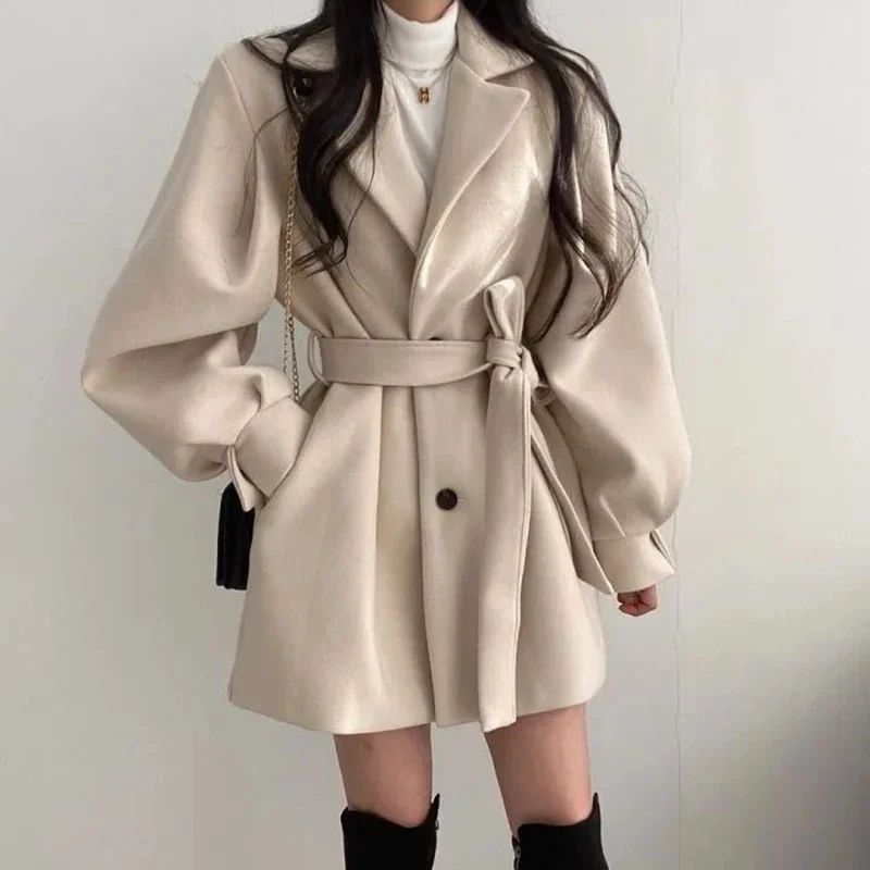 Women Lace-up Trench Coat with Pockets Woolen Turn-down Collar Buttons Long Sleeve Coat Overcoat for Women Autumn Winter Coat