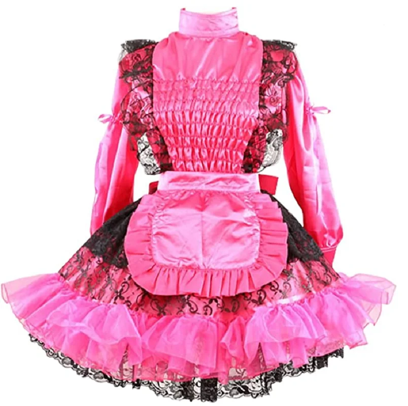 New Lockable Maid Maid Adult Sissy Pink Satin Long Sleeve Dress Waist Pleated Lace Cosplay