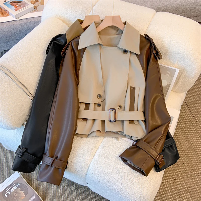 

SuperAen Autumn 2023 New Korean Style Patchwork Leather Women's Short Coats Fashion Oversized Loose Jackets