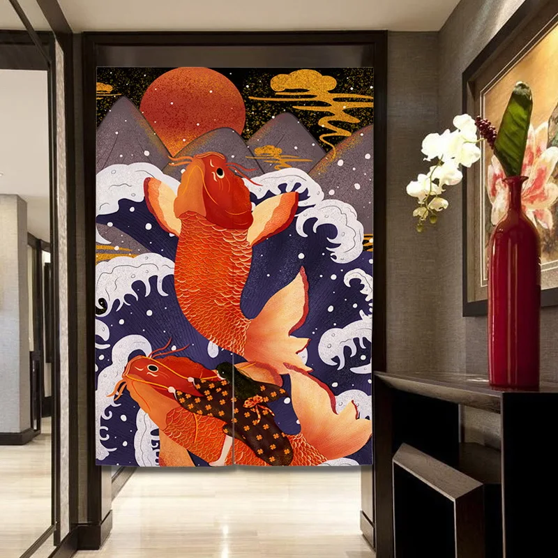 

Entrance Door Curtain Hanging Short Curtain Chinese Koi Pattern Door Screen Japanese Curtains for Bedroom Kitchen Cafe