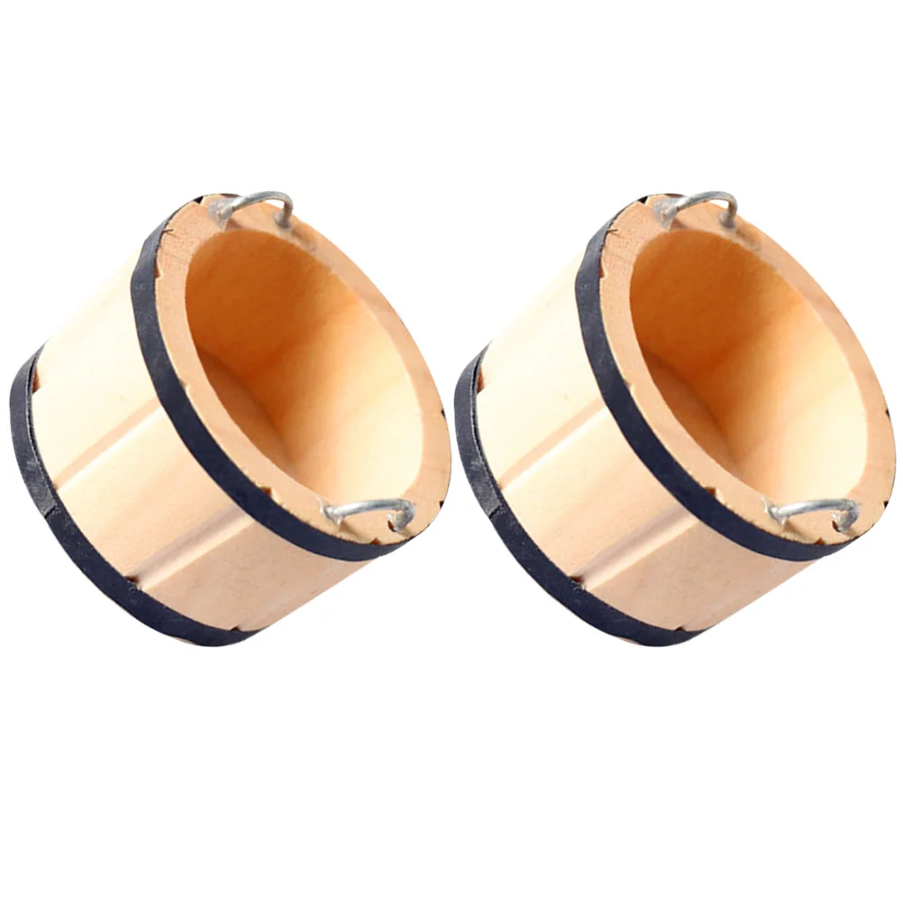 

2 Pcs Log Color Wooden Barrel Mini Toys Miniature House Accessory Ornament Decor Fake Buckets Gardening Metal Small Decoration