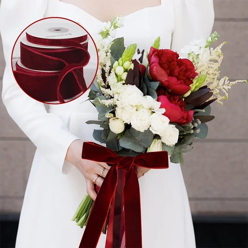 Ribbon decoration velvet ribbon Wine red single-sided velvet ribbon swan flocking weave belt DIY handmade bow flower bouquet packaging gift baking accessory
