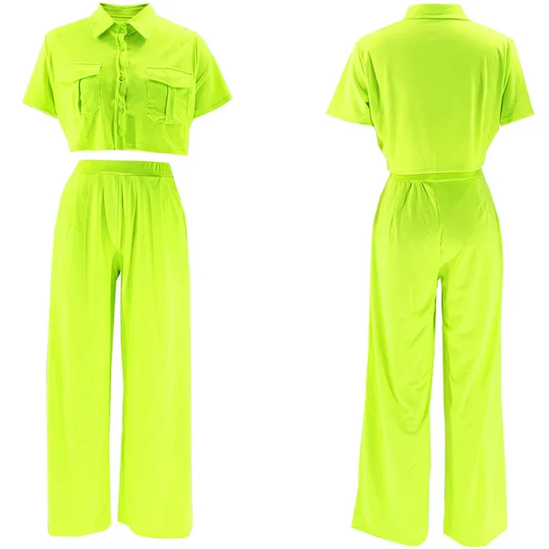 Solid Elegant Pant Sets Womens 2 Piece Outfit Summer 2024 Turn-down Collar Button Up Pockets Shirt Top and Wide Leg Pants Suit - Image 6