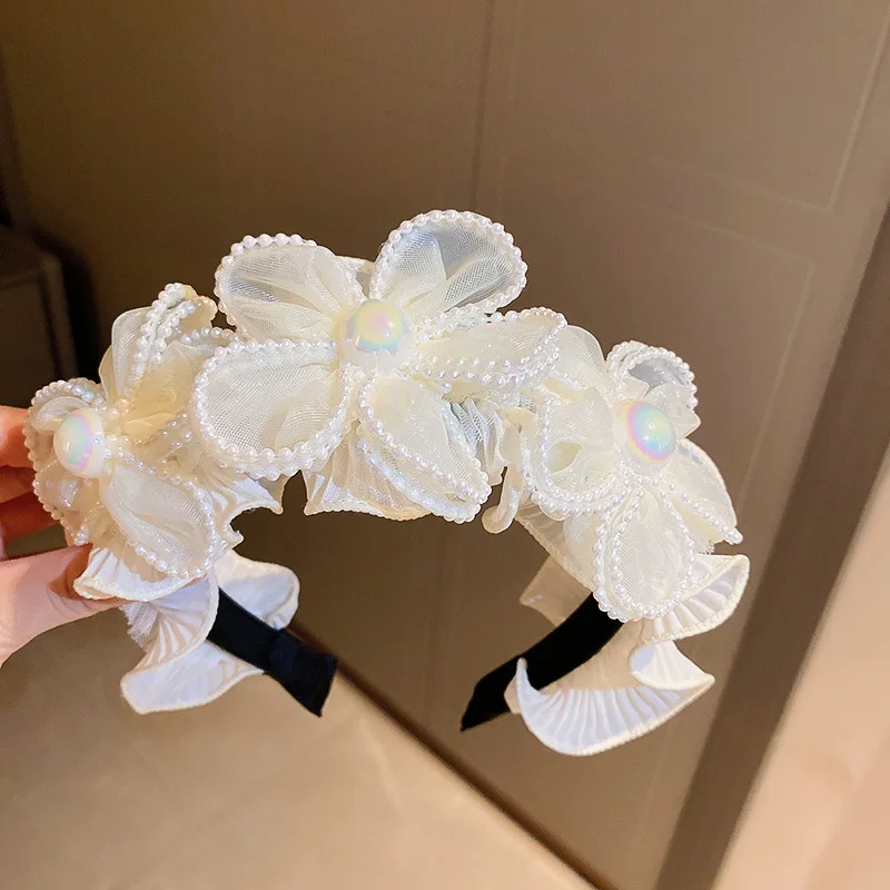 Fascia per capelli con perle annodate con strass, fascia larga con nodo