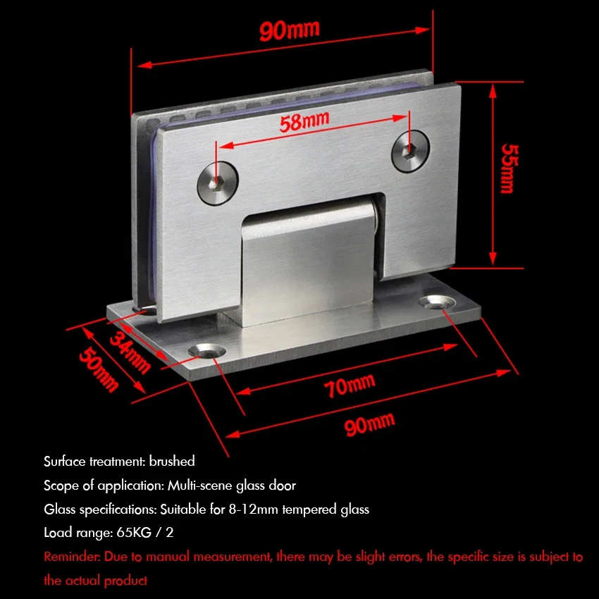 Stainless Steel Shower Glass Door Hinge 90 Degree Wall-to-Glass Showcase Cabinet Clamp