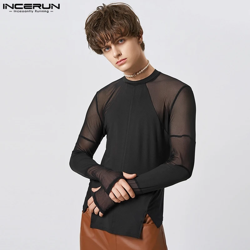 INCERUN Men T Shirts Mesh Patchwork O-neck Long Sleeve Transparent Irregular Tee Tops Streetwear 2023 Fashion Party Camisetas
