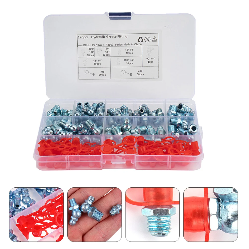 

120pcs Grease Fitting Assortment Set with Caps Assortment Set 90 Degree Angled Grease Zerk Fittings