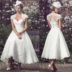 Beach Short Wedding Dresses 2022 Tea Length Bride Dress Cap Sleeves Sweetheart Lace Robe De Mariée Vestido De Novia A-For Women