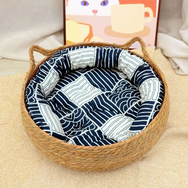 OUZEY Rattan Weaving Cat Basket Pet Cat Bed With Cushion Soft Warm Puppy Kitten Bed Donut Round Comfortable Sleeping Cat House 2