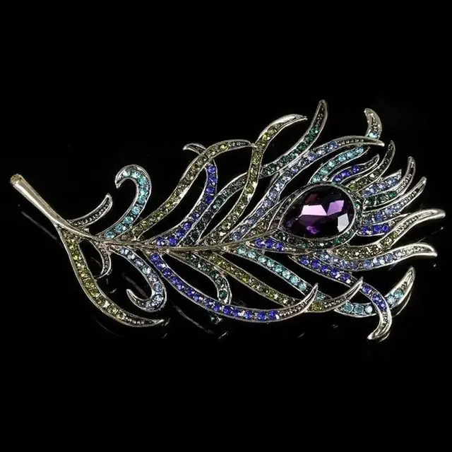 Vintage Peacock Feather Brooch Pin Women Birthday Gift Elegant Lapel Scarf Coat Rhinestone Dress Decor Jewelry Accessories 3