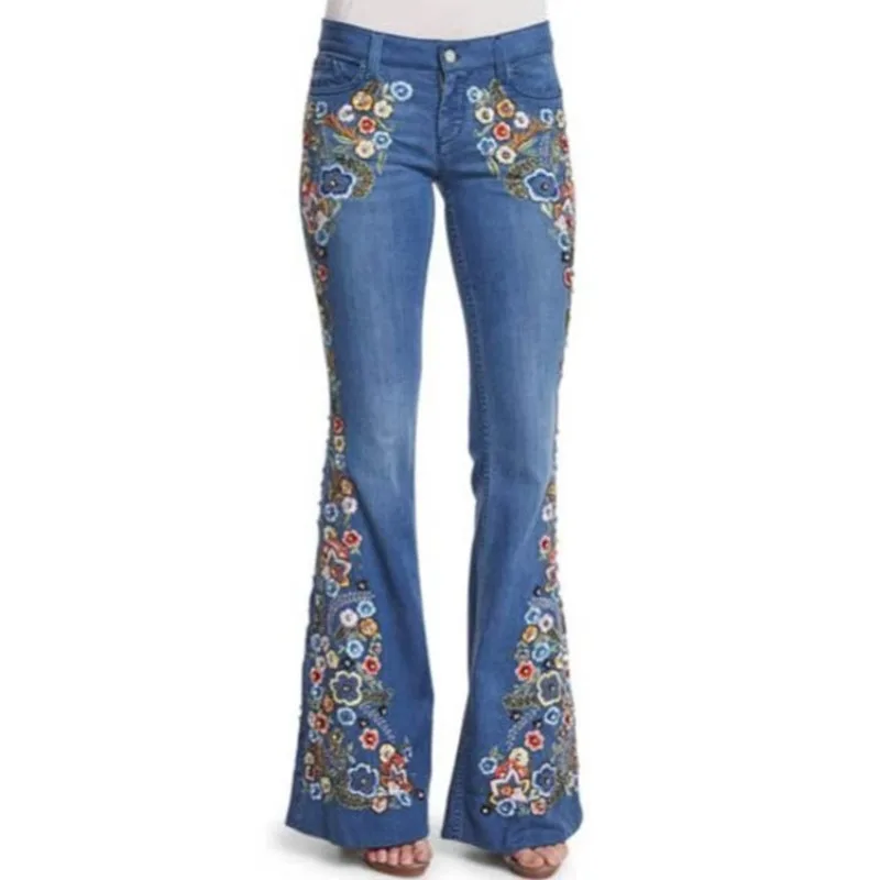 

European and American 2023 women's temperament denim trousers bootcut trousers personalized mid-waist printed embroidered jeans