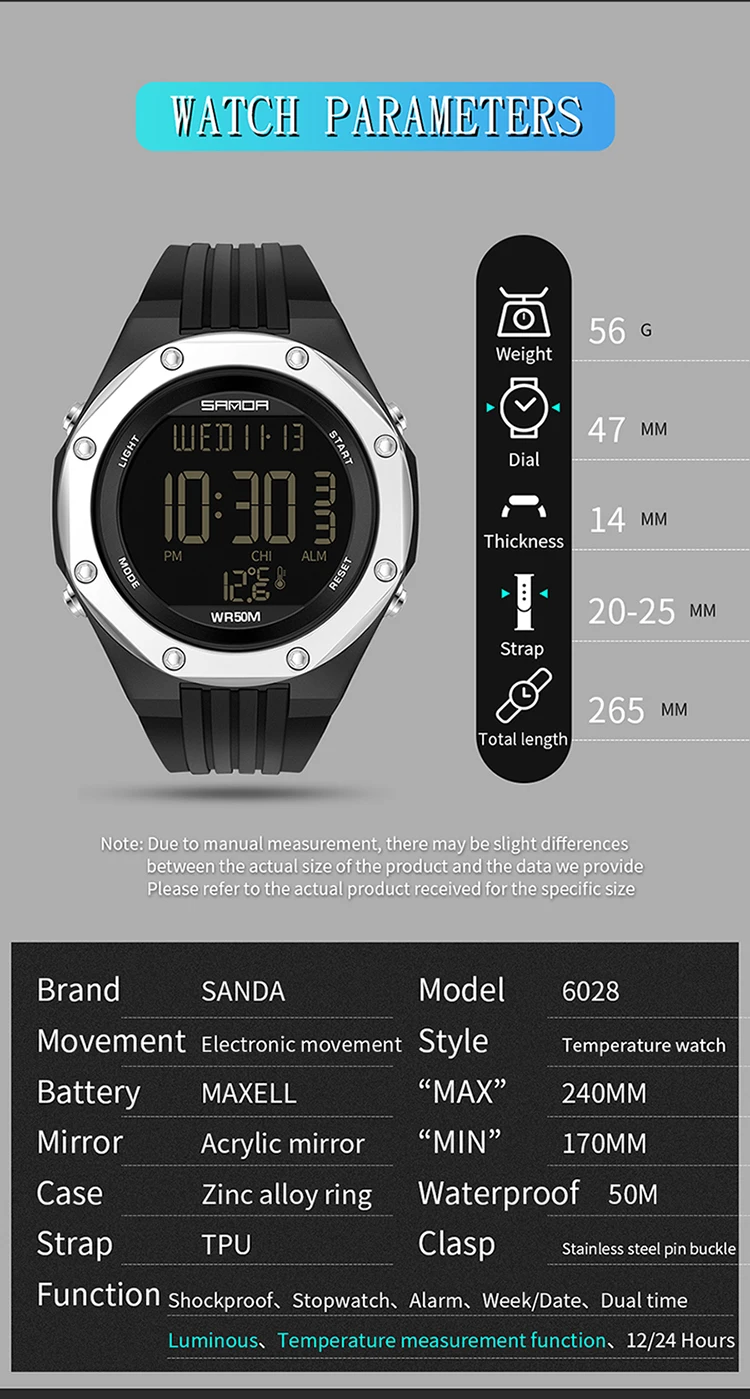 Sanda new model 6028 thermometer environment thermometer single movement display electronic watch for men and women