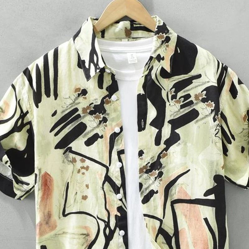 Summer New Turn-down Collar Fashion Short Sleeve Shirt Man High Street Casual Loose Button Cardigan Personality Printing Tops