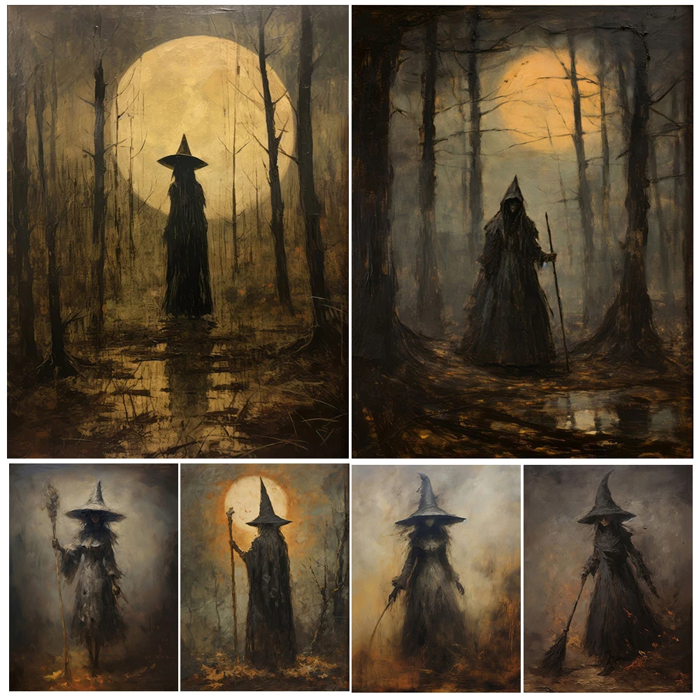 

Fall Forest Full Moon Witch Vintage Wall Art Canvas Painting Spooky Season Dark Witchcraft Art Poster Print Home Decor Unframed