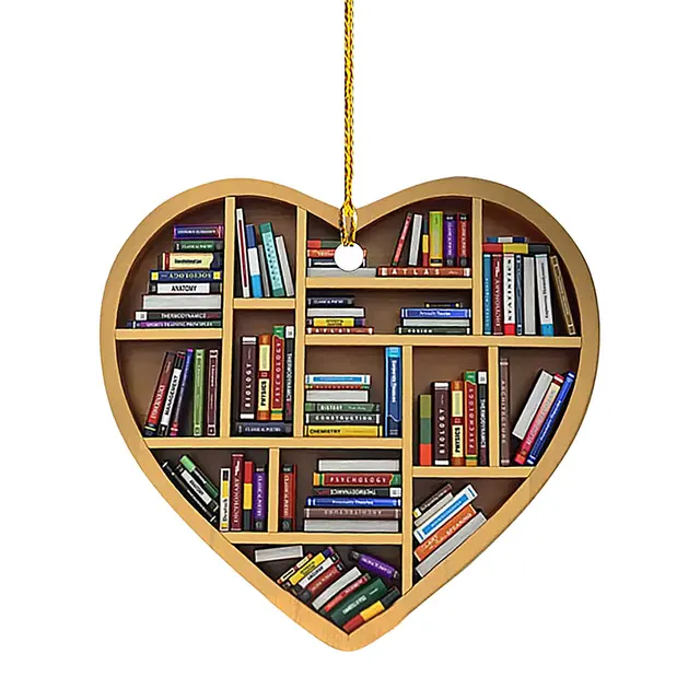 Book Lovers Heart Shaped Bookshelf Pendant Ornament Christmas Tree Decor Gift