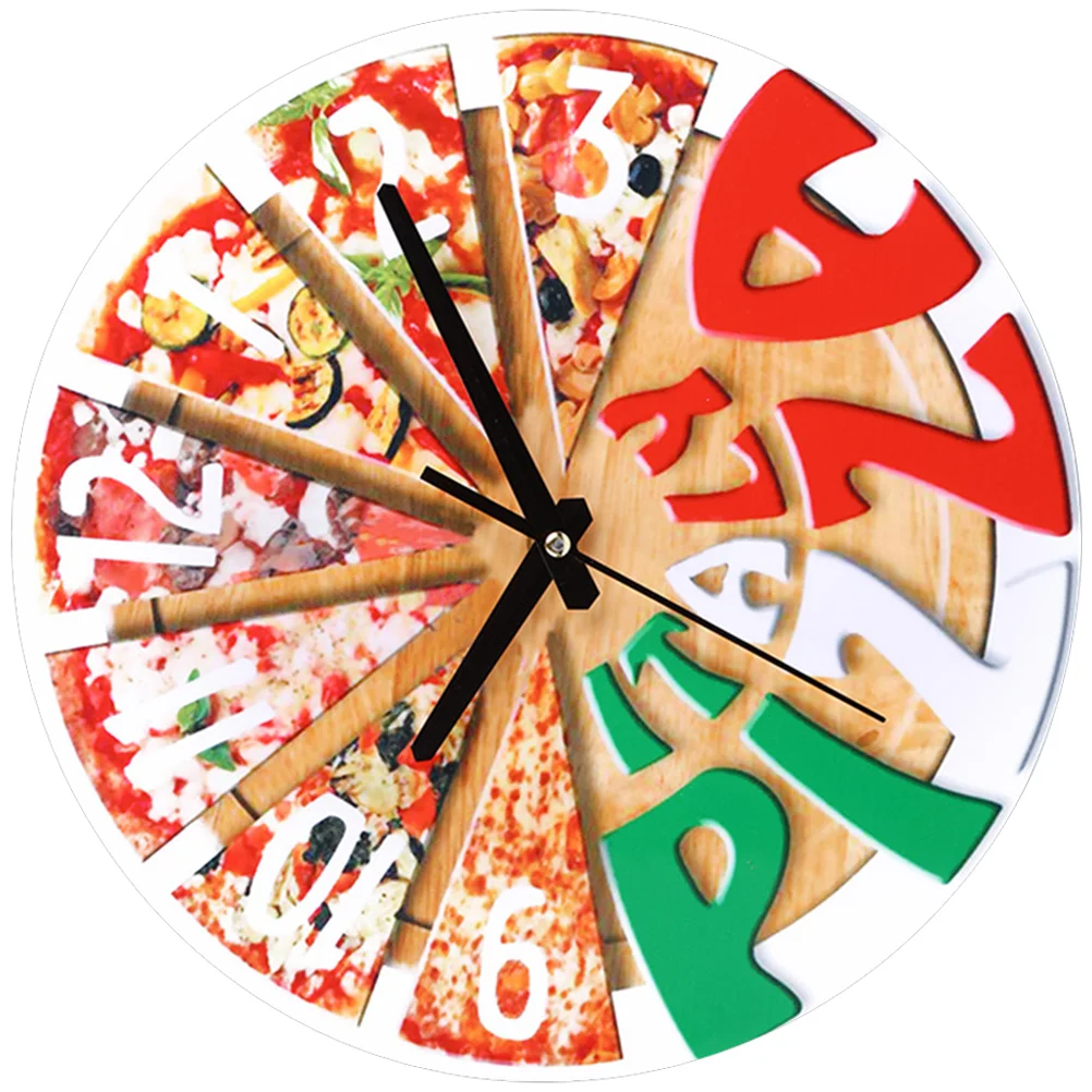 Modern Silent Pizza Wall Clock Fiber Wood Home Decor Living Room Battery Operated Non Ticking Large Style