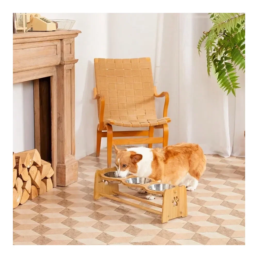 Adjustable Bamboo Raised Dog Bowl Set – Food & Water Stand 6