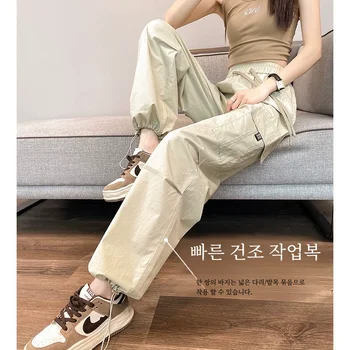 아메리칸 스타일 빈티지 하이 웨이스트 Strapless 카고 바지 여성 2024 여름 캐주얼 하렘 운동복 등산 바지
