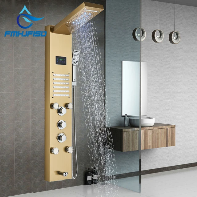 Columna de ducha LED dorada para baño, pantalla de temperatura, sistema de  ducha de masaje multifuncional con PISTOLA DE PULVERIZACIÓN de alta presión