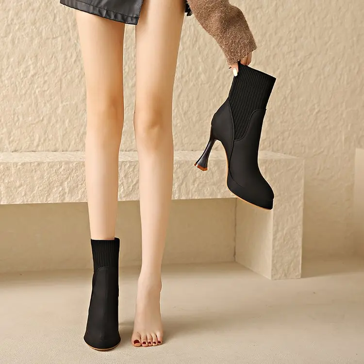 Elegante Damen Stiefeletten Mit Absatz Und Elastischer Schuhspitze_voghion.com