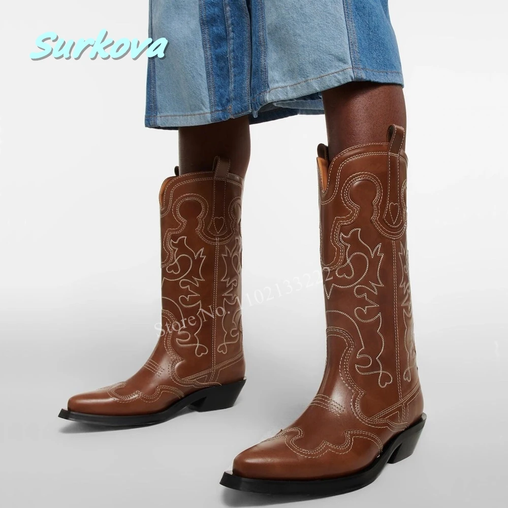 2024 Embroidered Leather Cowboy Boots Pointed Toe Square Low Heel Plus Size Western Boots Fashion Women Shoes Mid Calf Boots